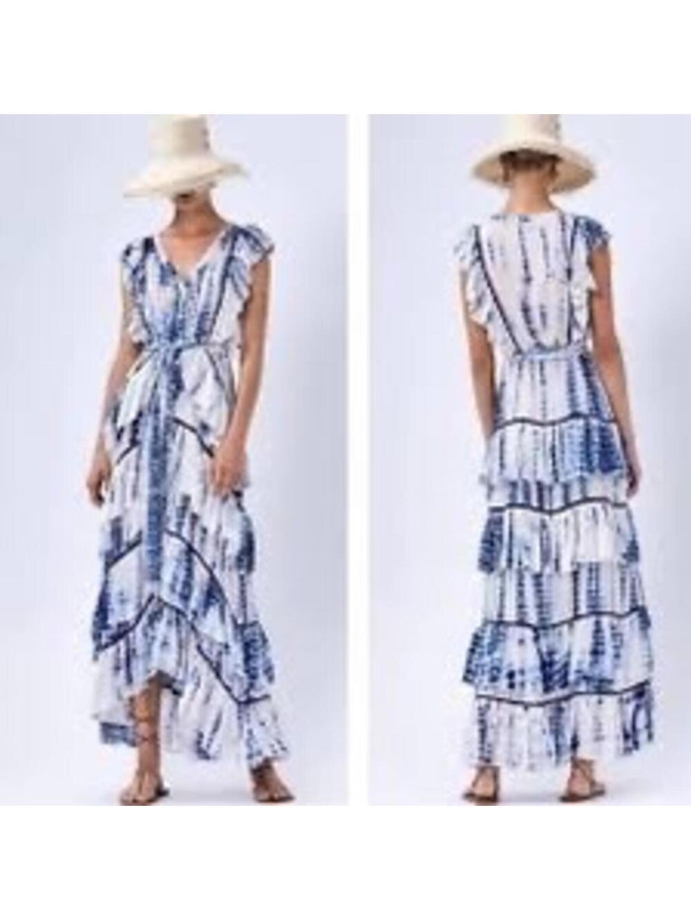 Alexis Loordes Tie Dye Ruffle Tiered Maxi Dress High Low Blue Women's Medium